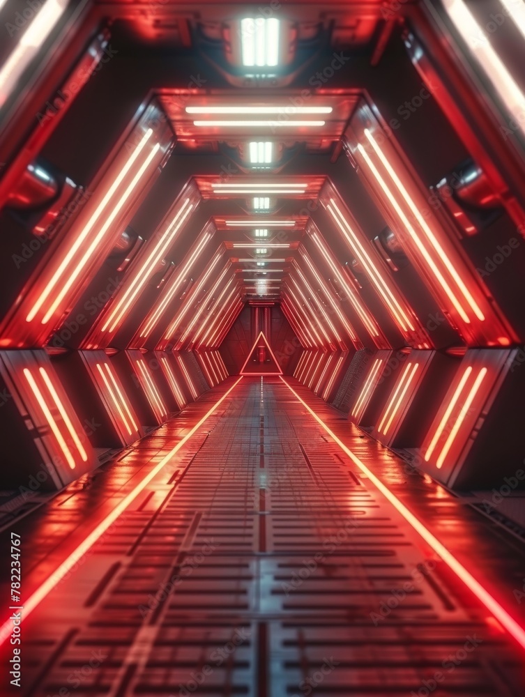 Sci Fi Tunnel on the Alien Spaceship. Glowing Metal Corridor with Cinematic Neon and Fluorescent Lights - shallow detail focus. 3D Rendering Futuristic Construction Space for Wallpaper and Background. Sci Fi Tunnel on the Alien Spaceship. Glowing Metal Corridor with Cinematic Neon and Fluorescent Lights - shallow detail focus. 3D Rendering Futuristic Construction Space for Wallpaper and Background.