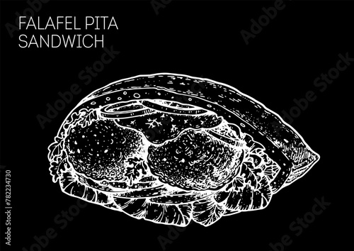 Falafel in pita bread sketch. Hand drawn vector illustration.