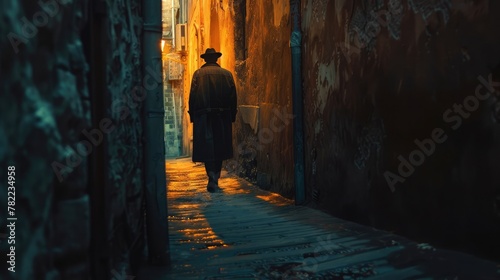 A mysterious figure in a long coat walking through a dimly lit alley, the glow of a distant streetlight casting long shadows, © Amer