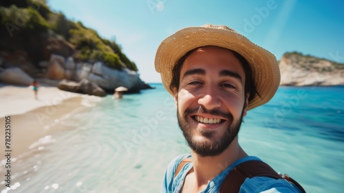 close-up shot of a good-looking male tourist. Enjoy free time outdoors near the sea on the beach. Looking at the camera while relaxing on a clear day Poses for travel selfies smiling happy tropical #782235105