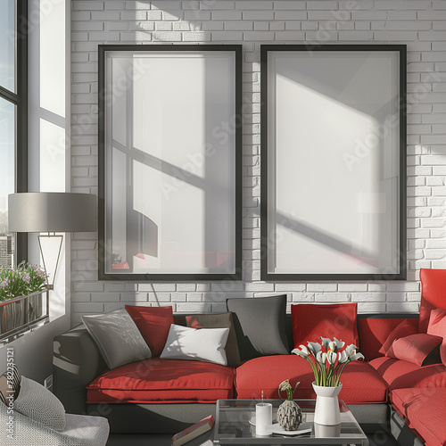 Mockup poster frame on the wall of living room. Luxurious apartment background with contemporary design. Modern interior design. 3D render  3D illustration 
