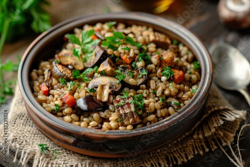 Pearl barley eggplant and mushroom salad