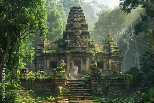 ancient hidden temple in dense forest with intricate carvings and magnificent architecture aigenerated realistic illustration