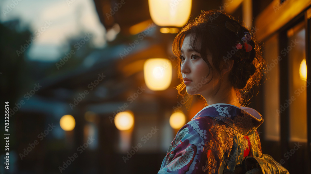 Obraz premium 着物を着た女性の夕暮れポートレート Portrait of woman in Kimono in sunset