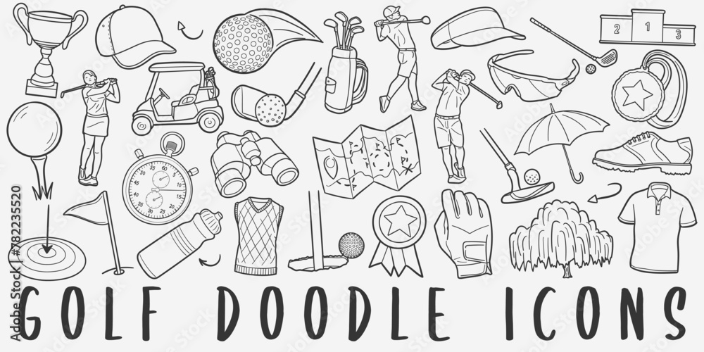 Golf doodle icon set. Sports Tools Vector illustration collection. Banner Hand drawn Line art style.	
