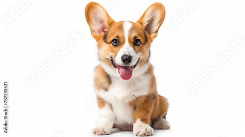 cute puppy with a tongue sticking out. The puppy is sitting on a white background. The puppy has a happy expression on its face © pinkrabbit
