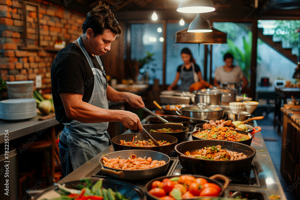 A cultural immersion experience where travelers learn to cook local dishes with expert chefs. A man is preparing dishes in a restaurant kitchen