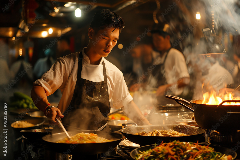 A cultural immersion experience where travelers learn to cook local dishes with expert chefs. Man in apron cooking food in restaurant kitchen with saut pan