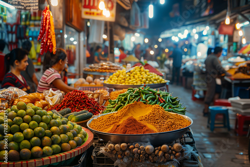 A bustling food market teeming with exotic spices, fresh produce, and aromatic street food stalls. A woman selling natural foods at a market as a greengrocer photo