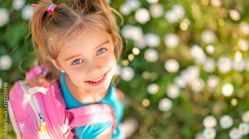 Cheerful young girl enjoys a sunny day in a field of daisies. Child with a pink backpack, ready for adventure. Innocence and joy of childhood captured outdoors. AI