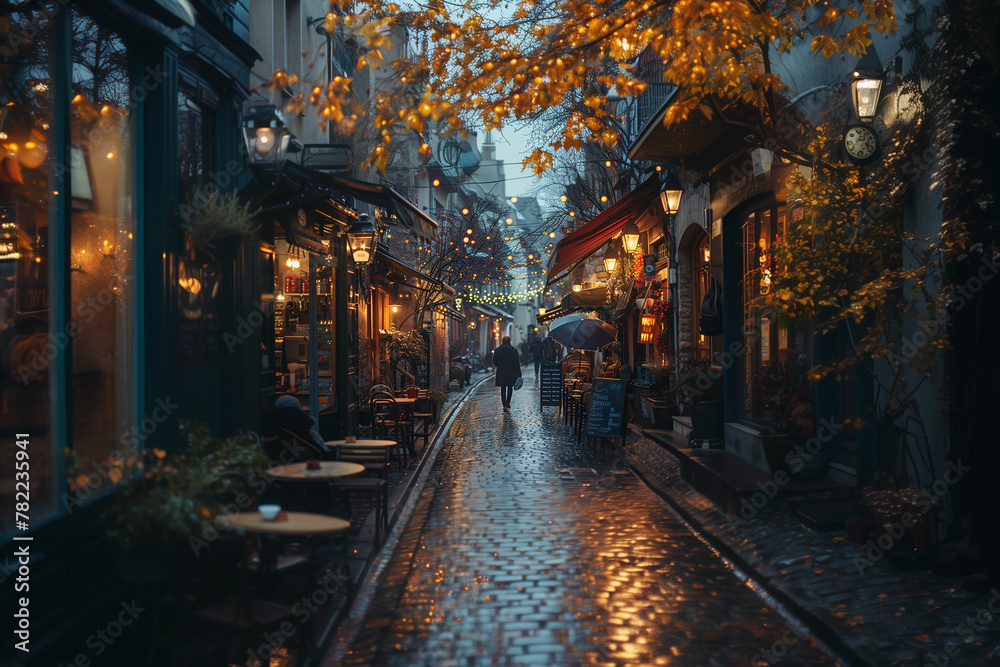 A traveler exploring narrow cobblestone streets lined with charming cafes and boutiques.Person strolling down rainsoaked cobblestone street in city with umbrella