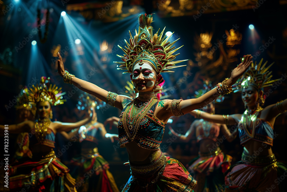 A traveler participating in a traditional dance performance with local performers. Artists perform a dance ritual in a dimly lit room