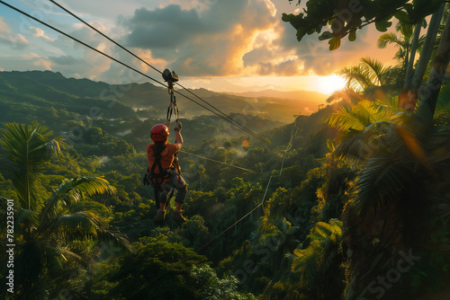 A traveler embarking on an exhilarating adventure, such as zip-lining through a lush rainforest. Person ziplining over forest with green trees and grass photo