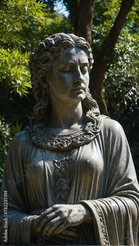 Highly detailed stone statue dressed in long flowing robes standing in an open garden