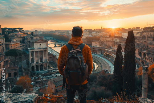 An illustration of a traveler exploring ancient ruins in a distant land. Man with backpack on hilltop views city at sunset, under sky with clouds