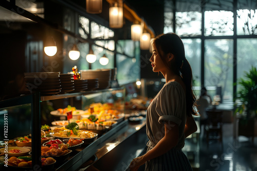 A traveler indulging in a gourmet dining experience featuring local delicacies and regional specialties. A woman is choosing food at a restaurant buffet line photo