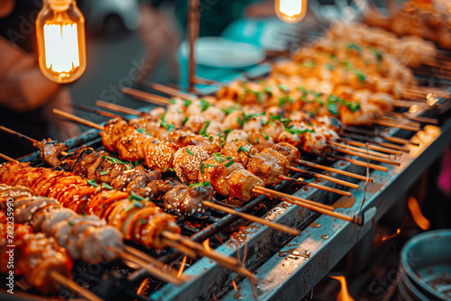 A traveler sampling exotic street food from a vibrant night market. Skewers of food cooking on a grill, including Suya, Satay, and Sate kambing photo