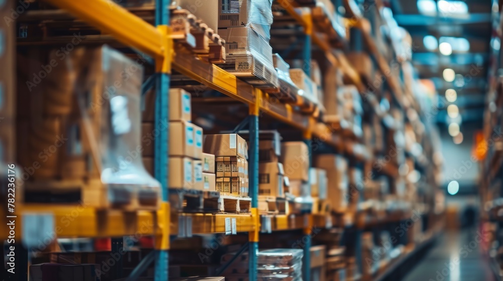 Fototapeta premium stock product inventory on shelf at distribution warehouse. logistic business ship and deliver, professional, stock, manage, movement, logistic, storage, delivering, shipping, supply, storehouse