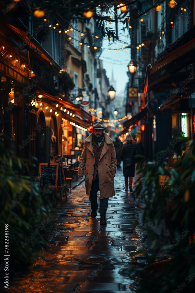 A man in a coat walks down the street . A man in a trench coat walks along a rainsoaked street in the darkness