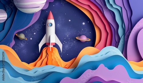 Vibrant paper art style rocket launch into colorful outer space