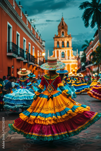 A vibrant parade celebrating a cultural holiday with colorful costumes and traditional music. a woman in a colorful dress is dancing in front of a church