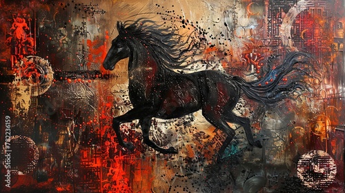 Majestic black horse in abstract art painting with vivid colors