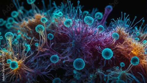 Close up view under a microscope of abstract bacteria cells colony of various shapes and sizes