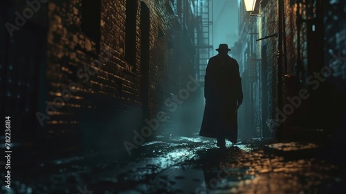 A mysterious figure in a long coat walking through a dimly lit alley, the glow of a distant streetlight casting long shadows, © Amer