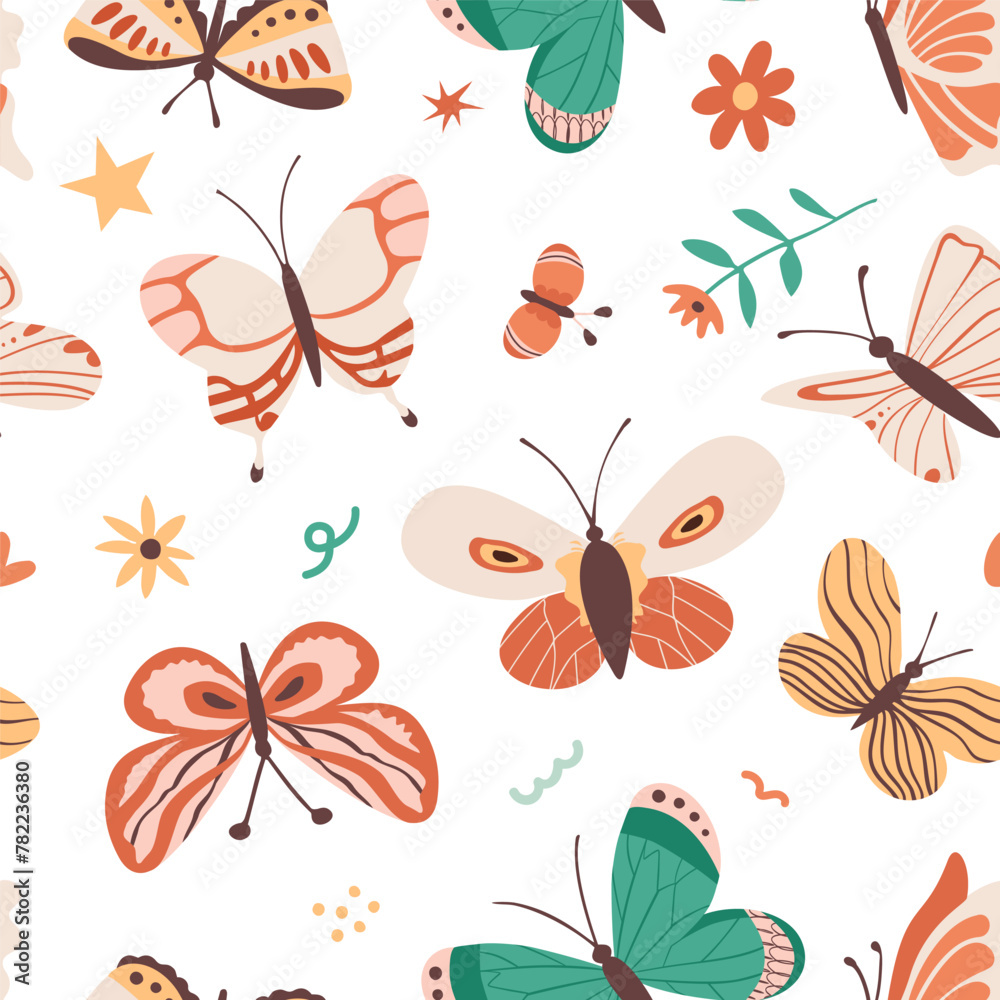 Obraz premium Collection of elegant exotic butterflies and moths isolated on a white background. Set of tropical flying insects with colorful wings. Set of decorative design elements. Flat vector illustration.