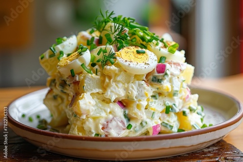 Potato salad topped with eggs photo