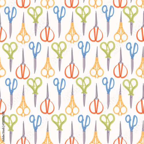Seamless pattern with different sewing and embroidery tools on white background. Endless repeating texture with craft items for printing. Colored flat vector illustration of printable backdrop