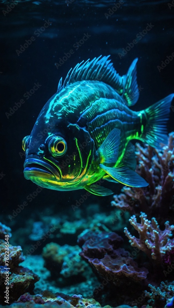 Single glowing fish in the crystal clear waters showcasing the beauty of the oceans depths Single glowing fish in the crystal clear waters showcasing the beauty of the oceans depths