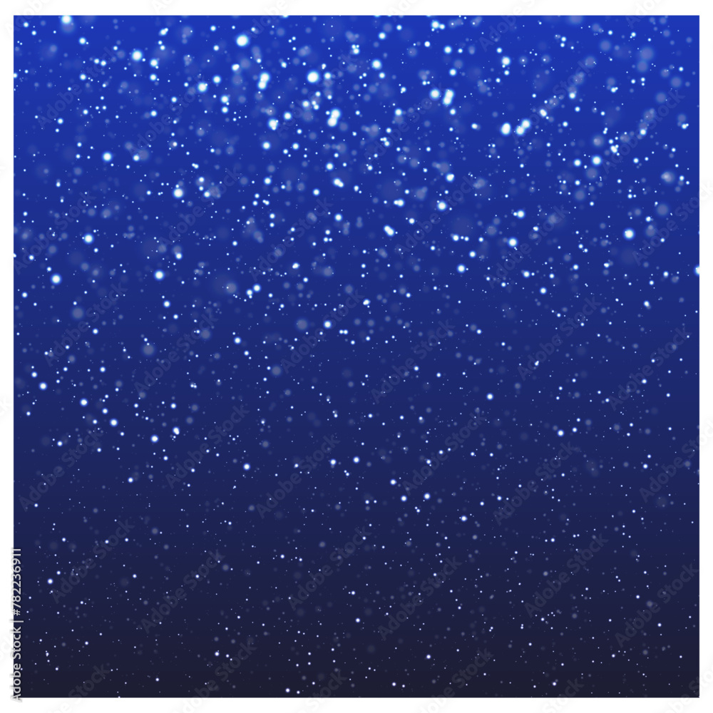 Vector image of the falling snow ( snowfall), snowflakes  on the background of the dark blue winter sky. Vector illustration of a blizzard.