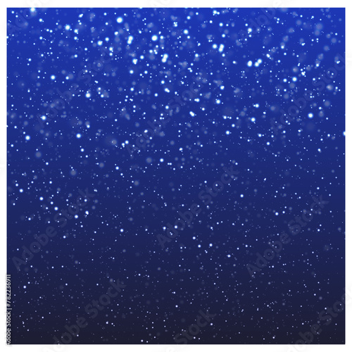 Vector image of the falling snow   snowfall   snowflakes  on the background of the dark blue winter sky. Vector illustration of a blizzard.
