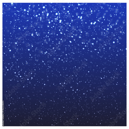 Vector image of the falling snow ( snowfall), snowflakes  on the background of the dark blue winter sky. Vector illustration of a blizzard.