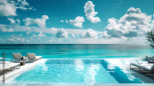 Luxury Infinity Pool Overlooking the Ocean  Clear Skies Above. Ideal for Vacation Promotions and Travel Ads. Relaxing and Serene Setting. AI