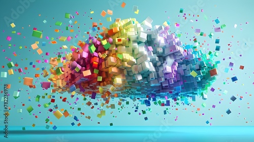 Vibrant 3D Cloud Burst with Colorful Digital Files and Folders Showcasing Cloud Computing Capacity