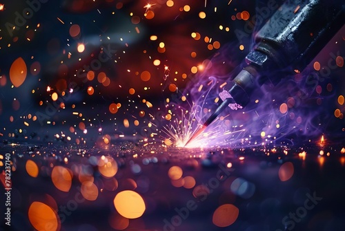 closeup of welders fusing advanced alloys with high intensity plasma torch bright sparks in dark