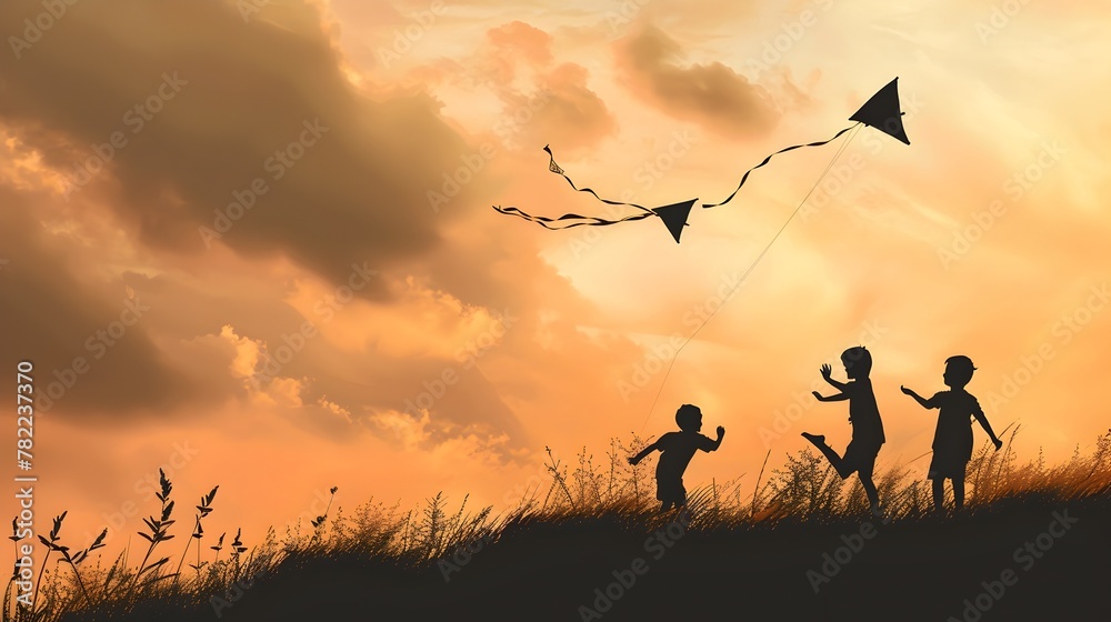 Silhouetted Children's Kite Flight Against Dramatic Sky Silhouetted Children's Kite Flight Against Dramatic Sky
