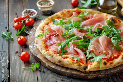 Prosciutto and rocket salad pizza on wood table