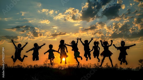 Silhouetted Figures of Joyful Children Jumping Against Vibrant Sunset Landscape © pkproject