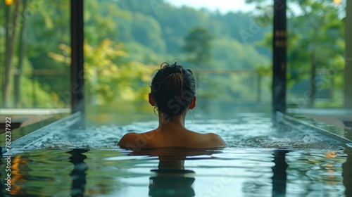 Blissful moment of relaxation as a traveler enjoys a traditional onsen bath experience