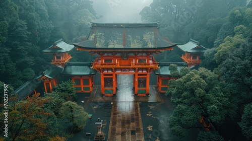 Captivating aerial shot of the iconic Fushimi Inari Shrine gates winding up the hill photo