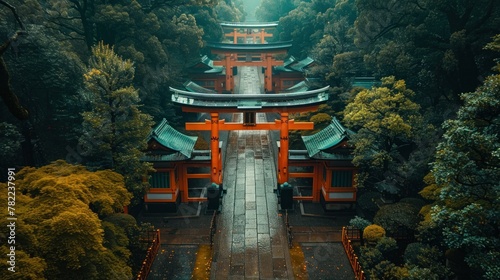 Captivating aerial shot of the iconic Fushimi Inari Shrine gates winding up the hill