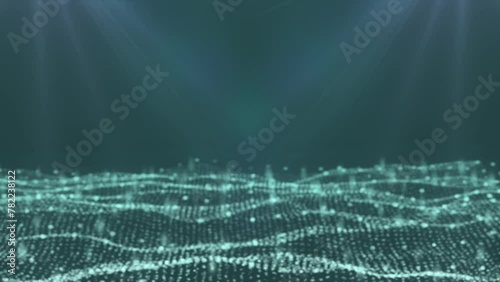 waves of particles smoothly flowing horizontally. animating background.turquoise elements on a blue background
