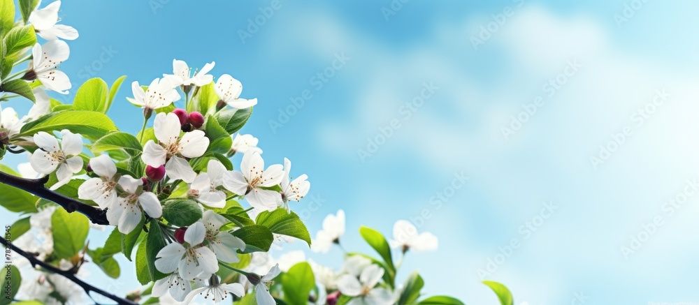 Obraz premium Apple tree blossoms with green leaves
