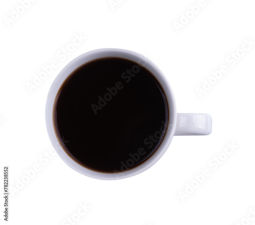 top view of black coffee in a cup of coffee on white background on transparent.