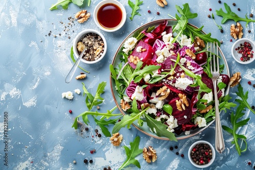 Summer salad with beets arugula radicchio cheese walnuts on plate with fork spices on blue table copy space top view