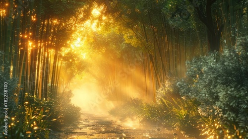 Tranquil bamboo forest with dappled sunlight filtering through the tall stalks