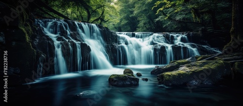 Sunlight shines through lush green leaves in a serene forest setting